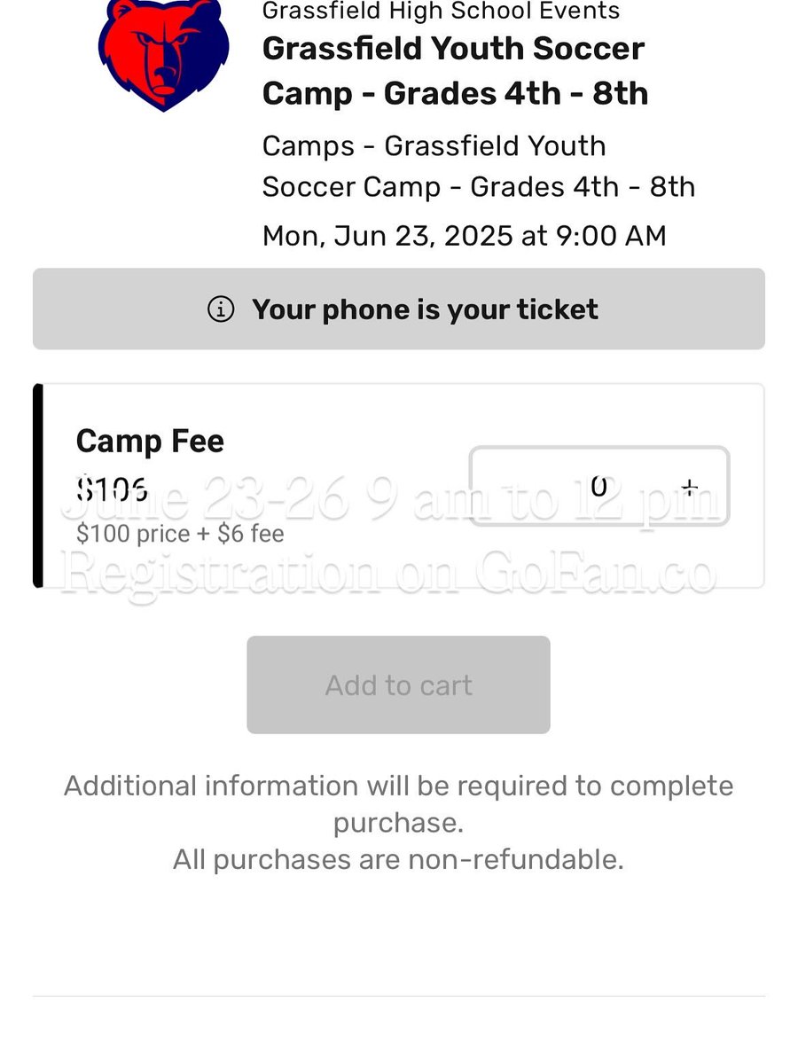 Register today <a href="/BSOCGrassfield/">Grassfield BSOC⚽️</a> June 23-26 GoFan.co
