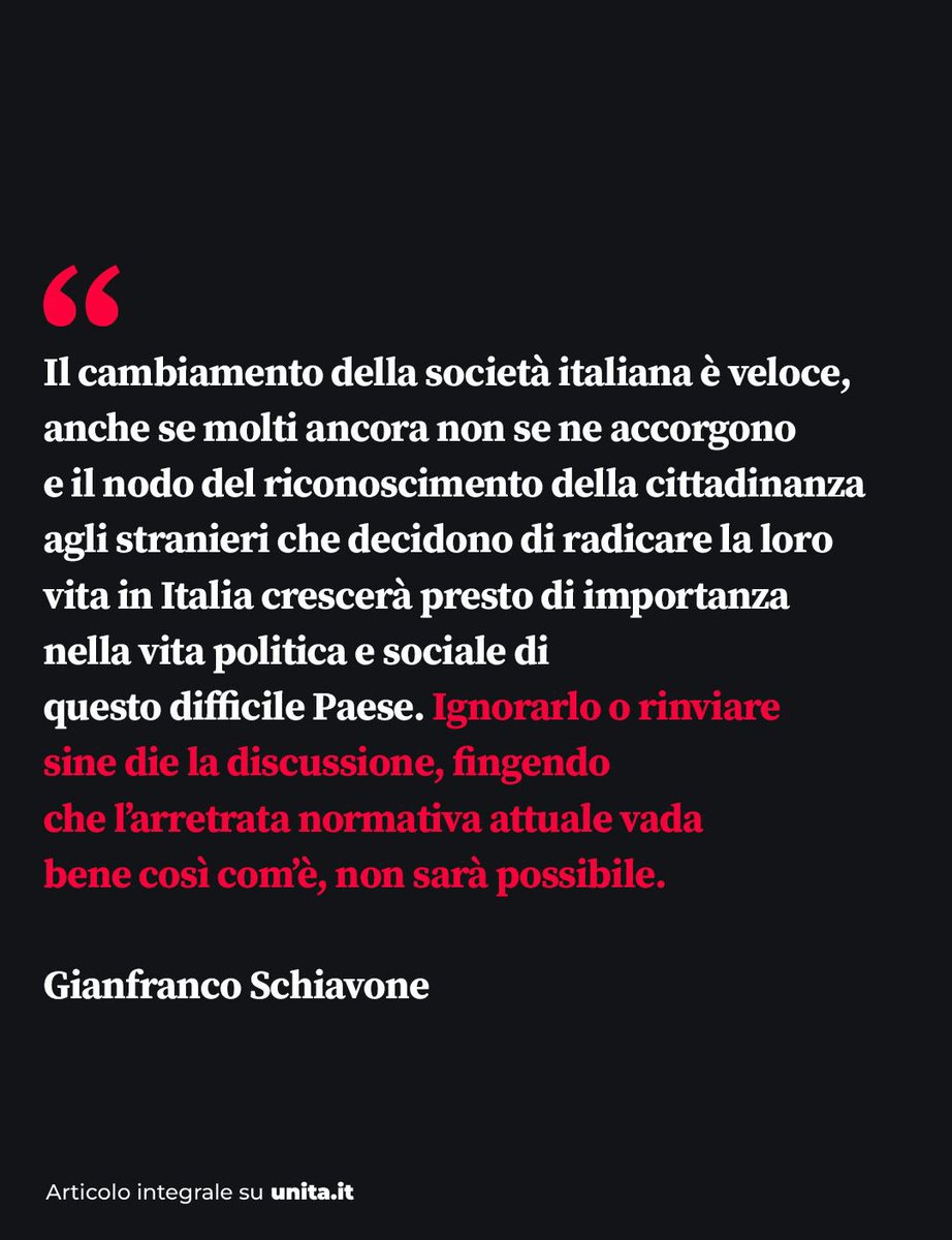 Il #ReferendumCittadinanza ha affrontato un tema sconosciuto ai più, per anni terreno di propaganda e confusione.

Ecco perché non è stato un fallimento né un errore, ma ha segnato un traguardo importante da cui ripartire.

L’analisi di Gianfranco Schiavone su #LUnità di oggi.
