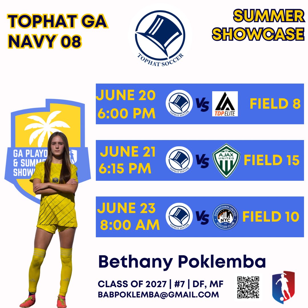 Updated times/ fields because of heat… hope to see you there!

<a href="/GAcademyLeague/">Girls Academy</a> 
<a href="/NASA_Tophat/">NASA_Tophat</a> 
<a href="/tophatGAnavy08/">TopHat Navy 07/08 • Girls Academy</a> 
<a href="/scoutingzone/">ScoutingZone®</a> 
<a href="/ImYouthSoccer/">ECNL/GA/Recruiting/College Soccer</a> 
<a href="/ImCollegeSoccer/">College Soccer Truth ™</a> 
<a href="/PrepSoccer/">Prep Soccer ⚽️</a> 
<a href="/TheSoccerWire/">SoccerWire</a> 
<a href="/JREskilson/">J.R. Eskilson</a> 
<a href="/NcsaSoccer/">NCSA Soccer</a> 
<a href="/mattsmithsoccer/">Matt Smith</a> 
<a href="/TopDrawerSoccer/">TopDrawerSoccer</a> 
<a href="/TopPreps/">SPORTS NEWS, VIDEOS, GRAPHICS, EXPOSURE & MORE</a> 
<a href="/girlssoccernet/">Girls Soccer Network</a>
