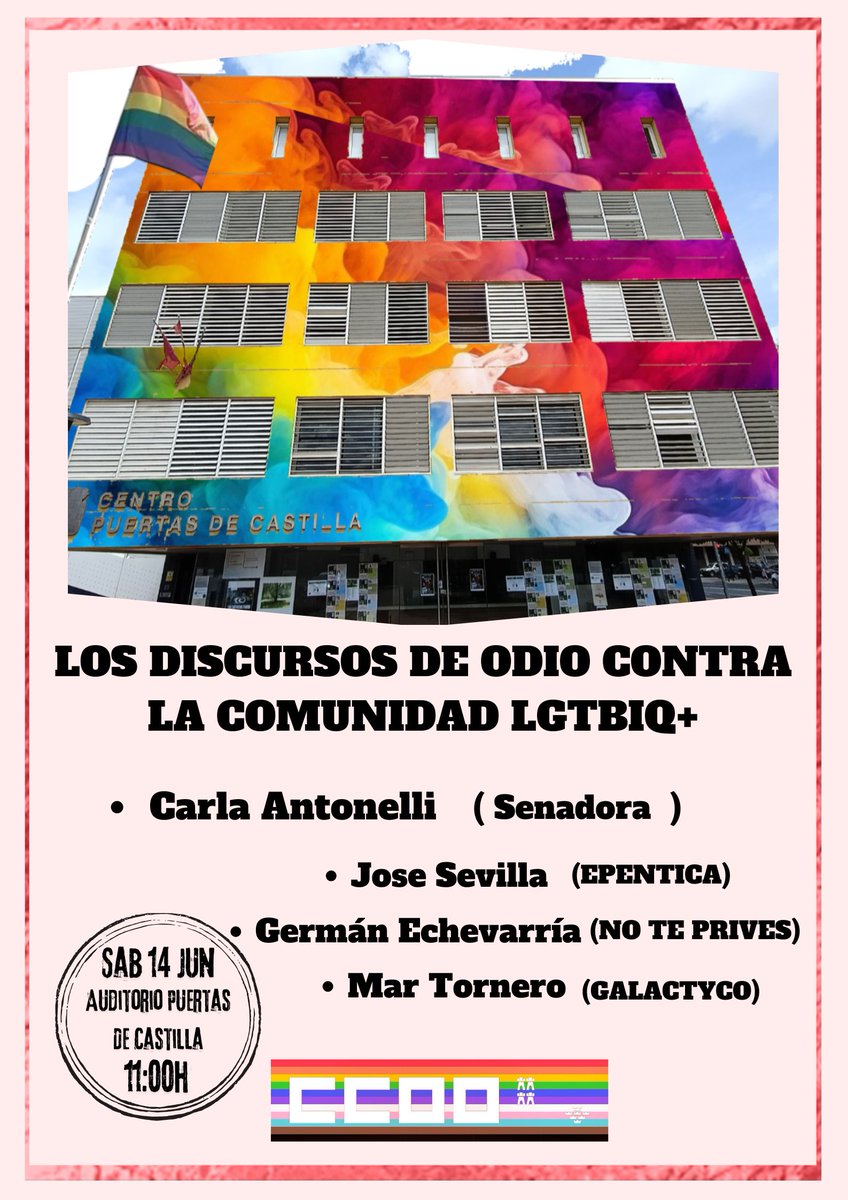 "¡Únete a nosotr@s en nuestro primer acto en el mes del Orgullo LGTBI+!  

Fecha: 14 de junio 
Lugar: Centro Puertas de Castilla Murcia  

 ¡Vamos a hacer que nuestra voz se escuche y a mostrar nuestro orgullo!
