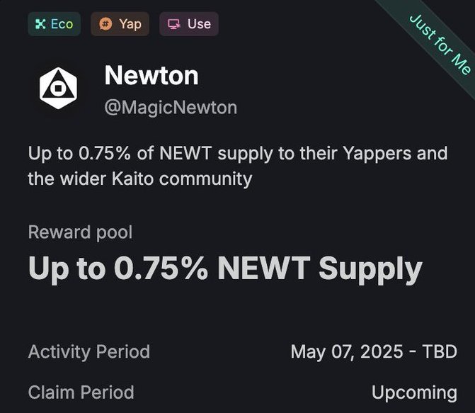 CopyNinjabackup's tweet image. 🚀 
@newton_xyz
 yapper alert! $NEWT allocation revealed: 0.75% (75bps) to 
@KaitoAI
 rewards! 💰 Plus:
🇰🇷 +5bps for Korean yappers
🇨🇳 +5bps for Chinese yappers
🌍 +5bps for global yappers
Yap, engage, refer &amp;amp; grab your $NEWT! 🎉 #YapperRewards