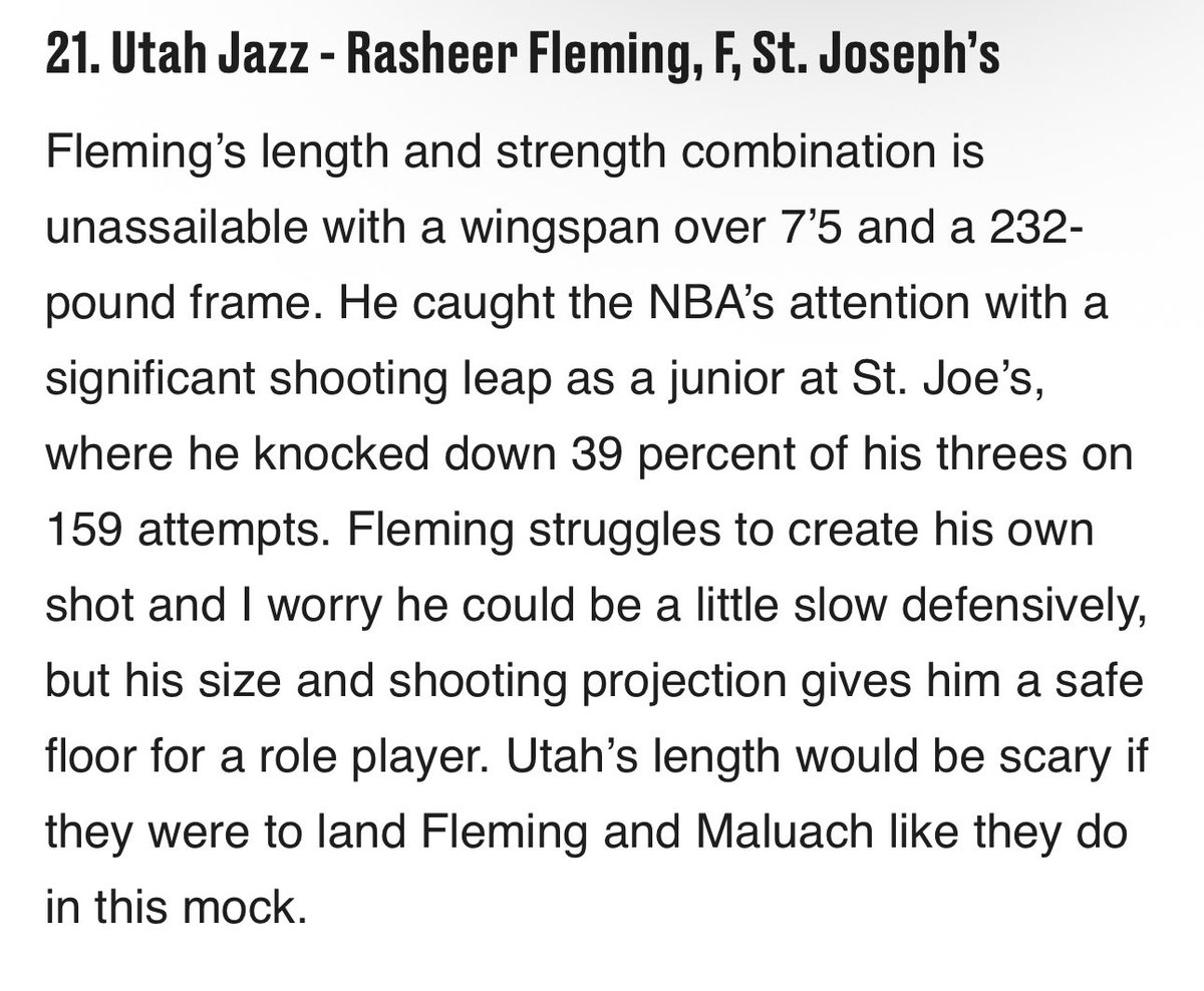JazzNation (@jazznationnews) on Twitter photo This new mock from <a href="/SBNationNBA/">SB Nation NBA</a> is perfect picks for each team. They have #UtahJazz drafting
5) Khaman Maluach, C, Duke
21) Rasheer Fleming, F, St. Joseph’s
No second round picks
#JazzNation #NBADraft #TakeNote This new mock from <a href="/SBNationNBA/">SB Nation NBA</a> is perfect picks for each team. They have #UtahJazz drafting
5) Khaman Maluach, C, Duke
21) Rasheer Fleming, F, St. Joseph’s
No second round picks
#JazzNation #NBADraft #TakeNote