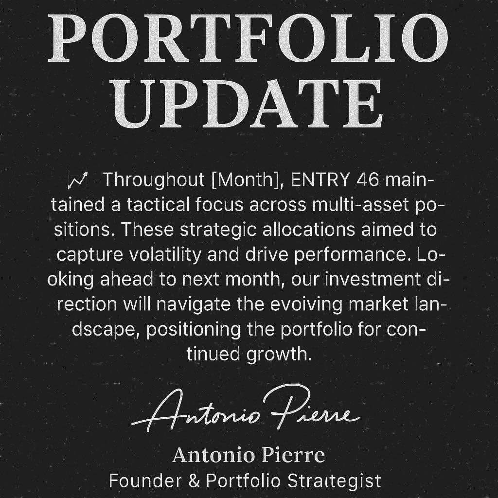 Entry46Fund's tweet image. Portfolio deployed. Week 1 active.

This isn’t hype — it’s conviction, strategy, and silence.

Blood on the tape. Peace in the bank.

#Entry46 | #TradingDiscipline | #PortfolioUpdate | #RiskManagement | #QuietDominance