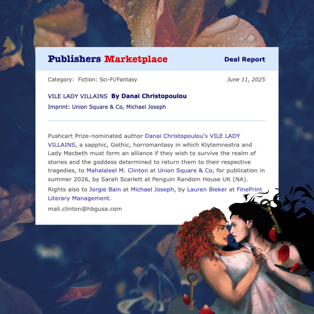 Danaiwrites's tweet image. VILE LADY VILLAINS is coming to the US and Canada! 
🥀🖤🗡️
I can’t begin to tell you how deeply grateful and excited I am that my sapphic, Gothic, Greek myth meets Shakespeare horromantasy will be published in the US and Canada by the fantastic team over at @UnionSqandCo