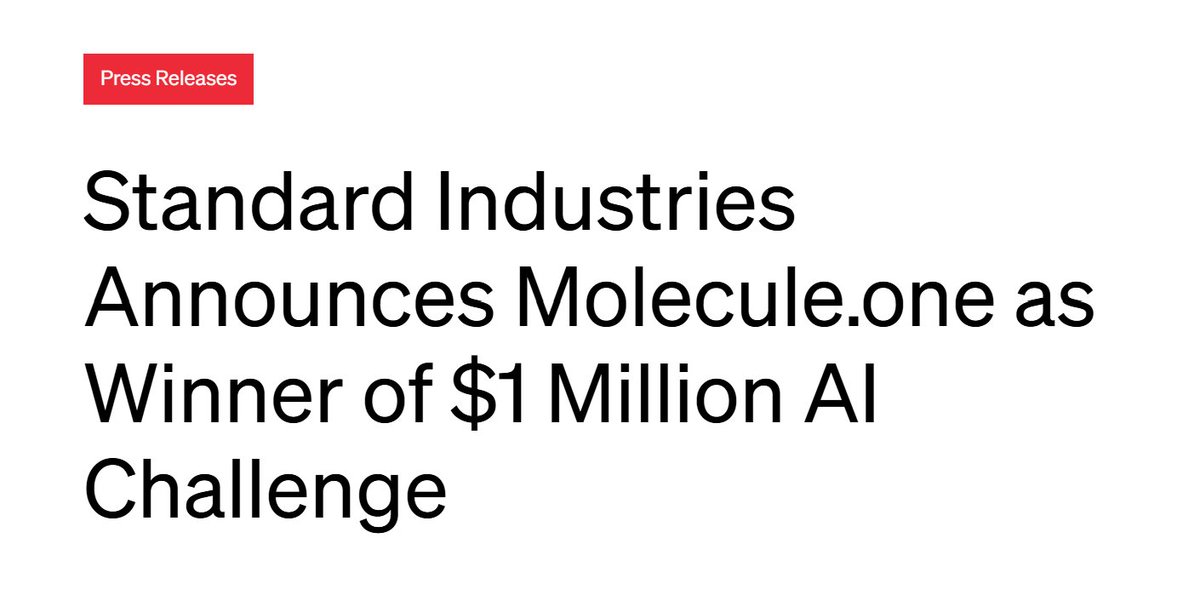 sunfishpartners's tweet image. @MoleculeOne has won the $1M AI Challenge focused on leveraging artificial intelligence to revolutionize fine chemical manufacturing.

The challenge was hosted by Standard Industries, a global industrial powerhouse with $11B in annual revenue, over 20,000 employees, and…