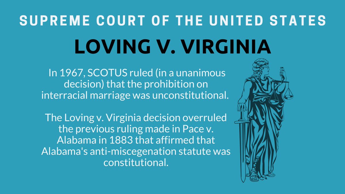 LWVTexas's tweet image. #OnThisDay in 1967, the Supreme Court of the US (SCOTUS) ruled in a unanimous decision that the prohibition on interracial marriage was unconstitutional. The Loving v. Virginia decision overruled the previous ruling made in Pace v. Alabama in 1883.