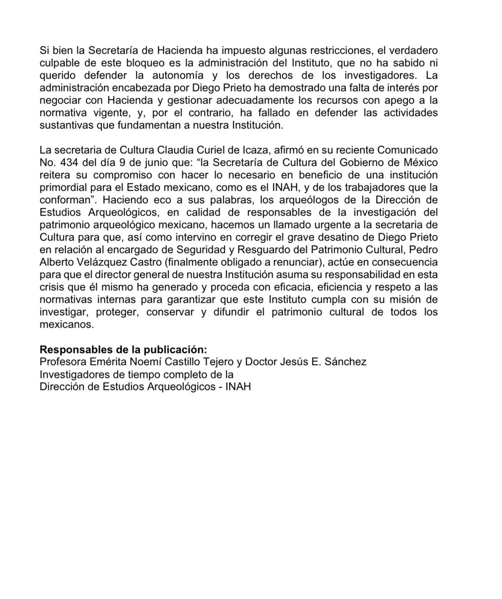 Haciendo eco del comunicado 434 de <a href="/ccurieldeicaza/">Claudia Curiel de Icaza</a> en donde reitera el compromiso de hacer lo necesario en beneficio del <a href="/INAHmx/">INAH</a>  investigadores denuncian las restricciones administrativas impulsadas por <a href="/dprieto_/">Diego Prieto</a> que bloquean la investigación. #INAHenCrisis #PrietoMiente