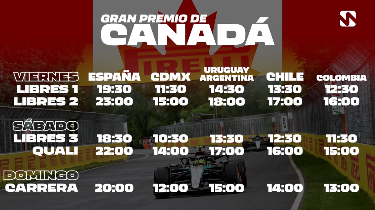 victorabadf1's tweet photo. 🏁 H O R A R I O S 🏁

La Fórmula 1 regresa a uno de sus mejores circuitos semiurbanos: el Gilles Villeneuve del Gran Premio de Canadá 🇨🇦. Horario americano, para cenar viendo los coches este finde.

Comparte los horarios, salva una vida. https://t.co/arGeFtY5bp