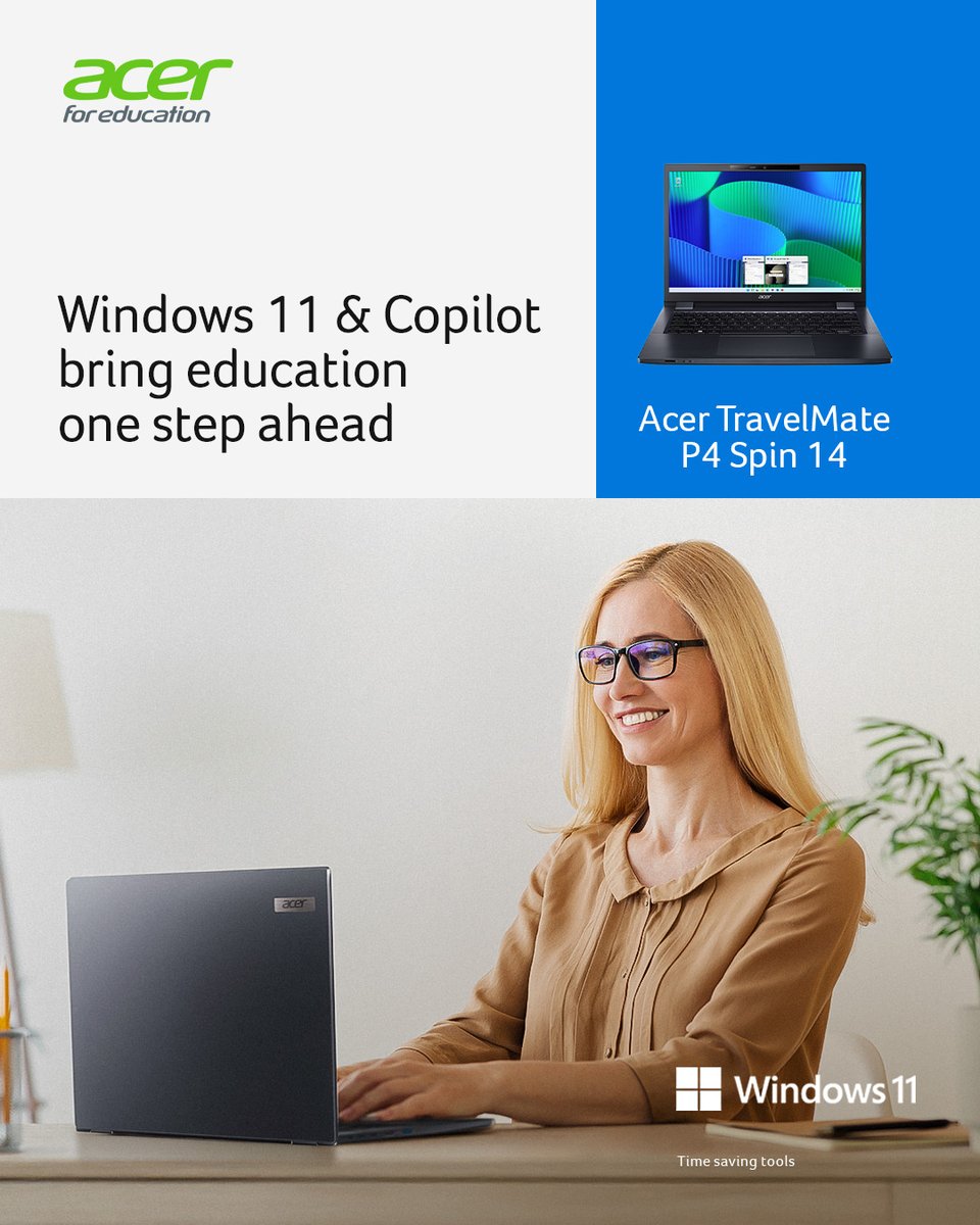 Acer_Education's tweet photo. #Windows11 unleashes its full innovative potential in the new #AcerTravelMate P4 Spin 14, bringing a lighter, more efficient way to teach.

Spin your teaching into the future with Acer TravelMate: https://t.co/Uhdhc2dWXn 

#AcerforEducation #MicrosoftCopilot https://t.co/hSg49DvCzu