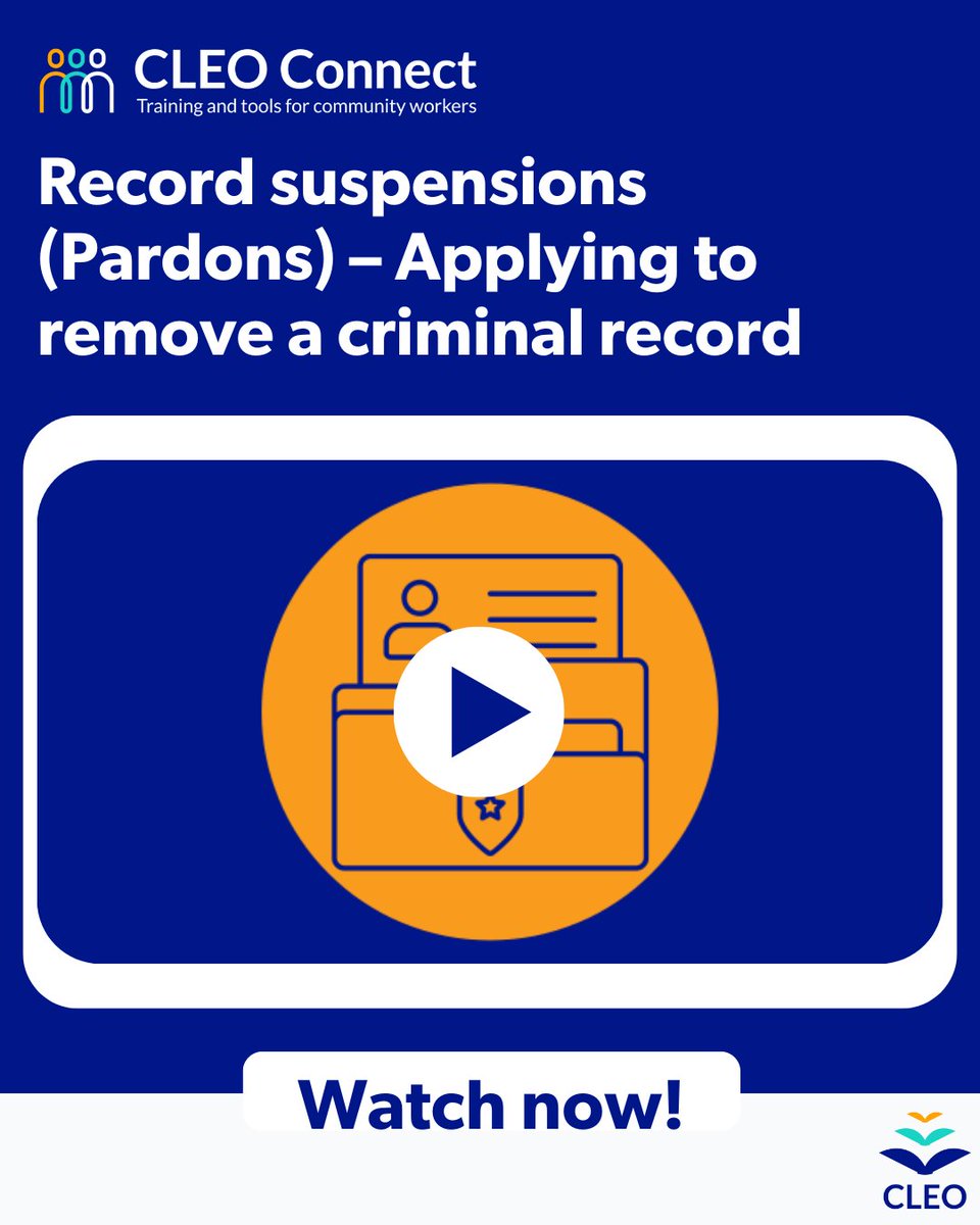CLEOConnect's tweet image. Missed our recent webinar, Record suspensions (Pardons) – Applying to remove a criminal record. Watch the recording at cleoconnect.ca/resource/yourl…
Catch up on all our previous webinars at cleoconnect.ca/webinars