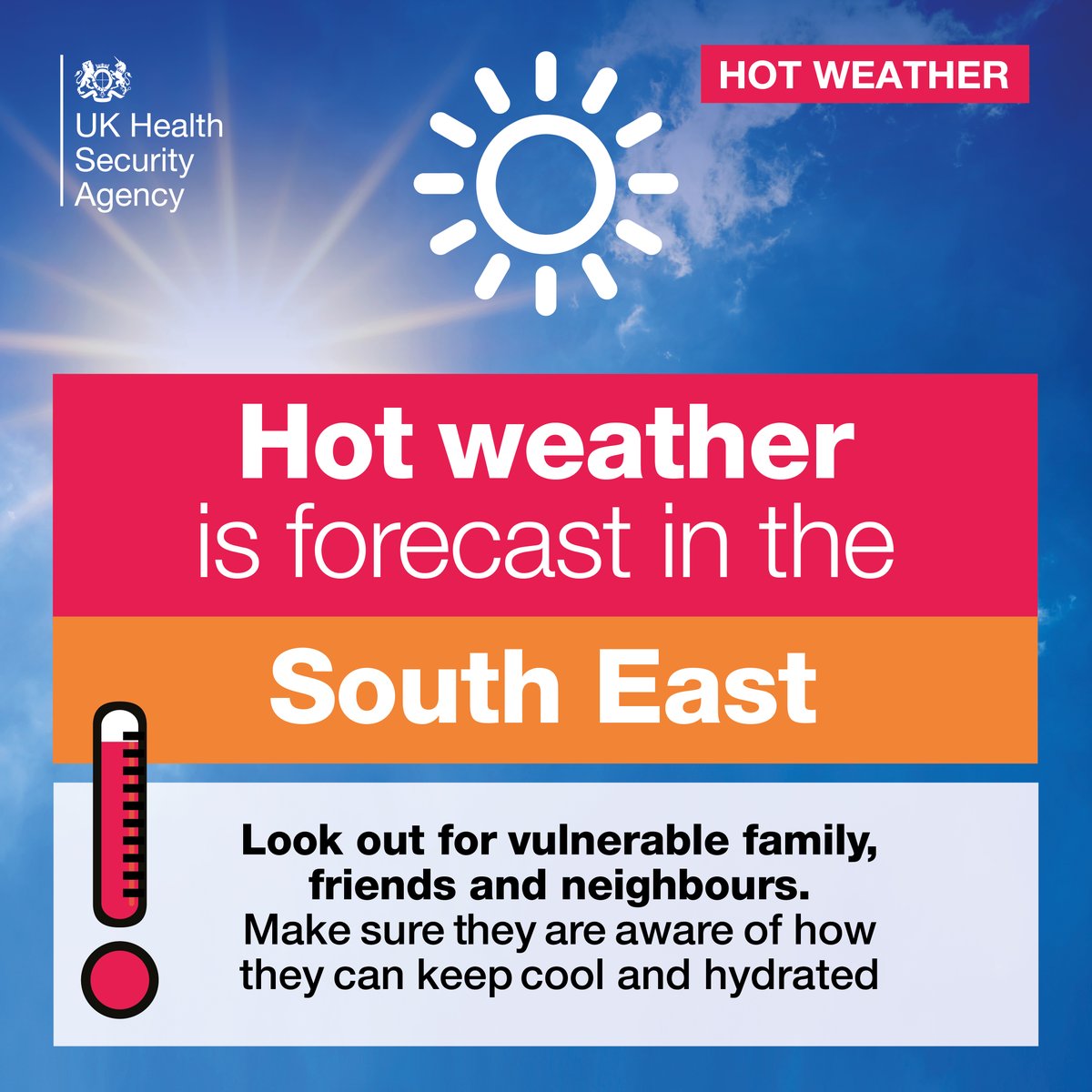 With hot weather forecast, check on neighbours and vulnerable friends or relatives who are more at risk when temperatures rise; they need to stay hydrated and their homes kept cool with windows closed during the day and open at night. For more advice see: tinyurl.com/3d4536eu