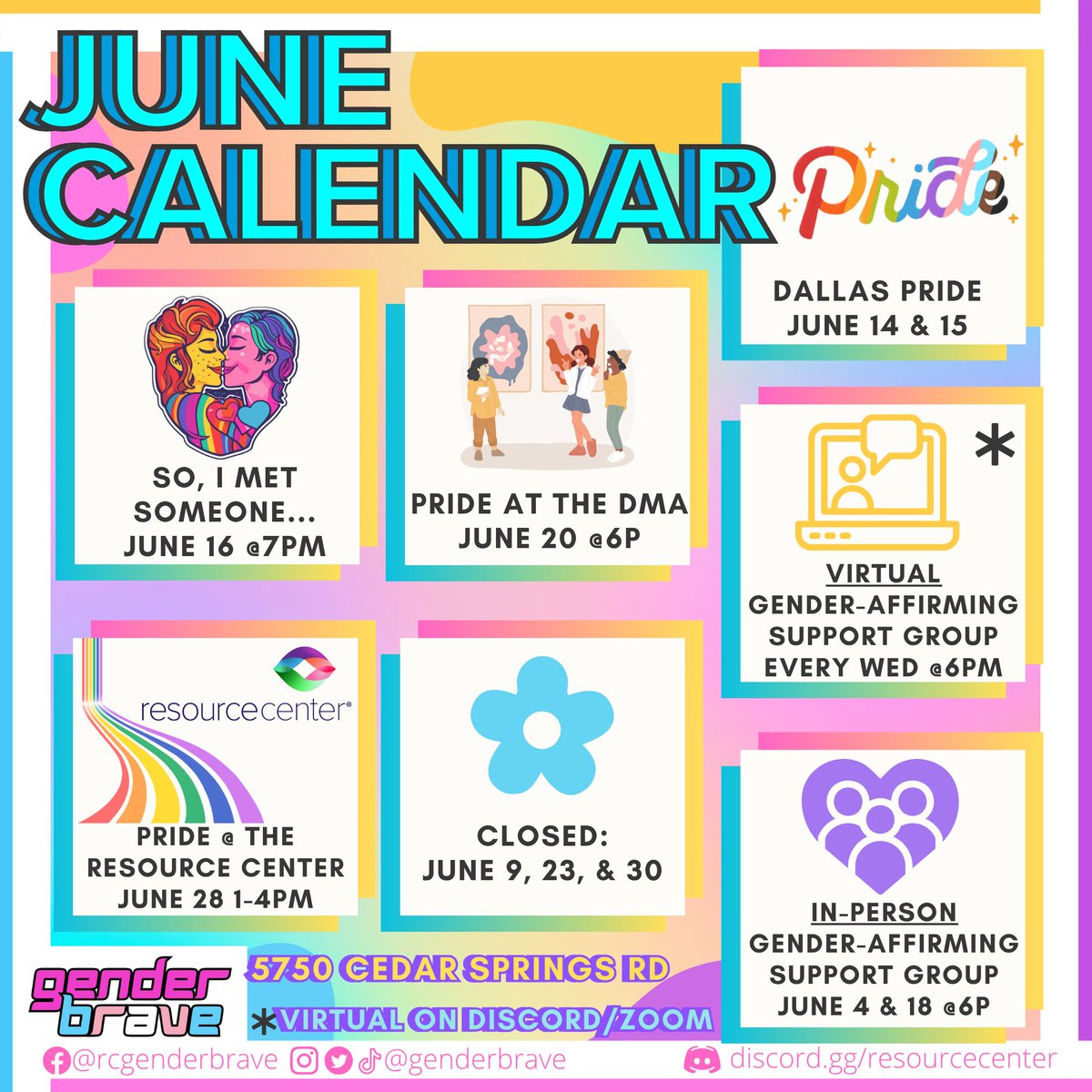 GenderBrave's tweet image. 🏳️‍⚧️ Pride’s not over—there’s still plenty to celebrate with GenderBrave! 
Check out what’s coming up for the rest of June:
Safer-Sex Chat – June 16
Dallas Pride Parade – June 15
Arts District Block Party – June 20
Resource Center’s Pride Celebration – June 28