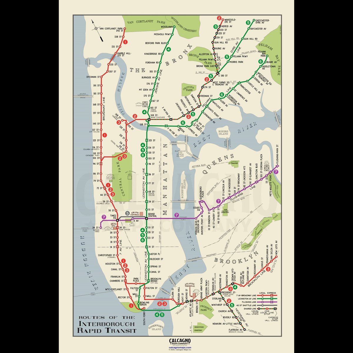 calcagnomaps's tweet image. A few weeks ago I recreated the 1924 IRT map with today’s 1,2,3,4,5,6,7 &amp;amp; S services.

Now it’s reoriented: north is up, labels adjusted, same vintage feel.
Modern service, old-school style.

calcagnomaps.com
#NYCSubway #TransitMaps #1924