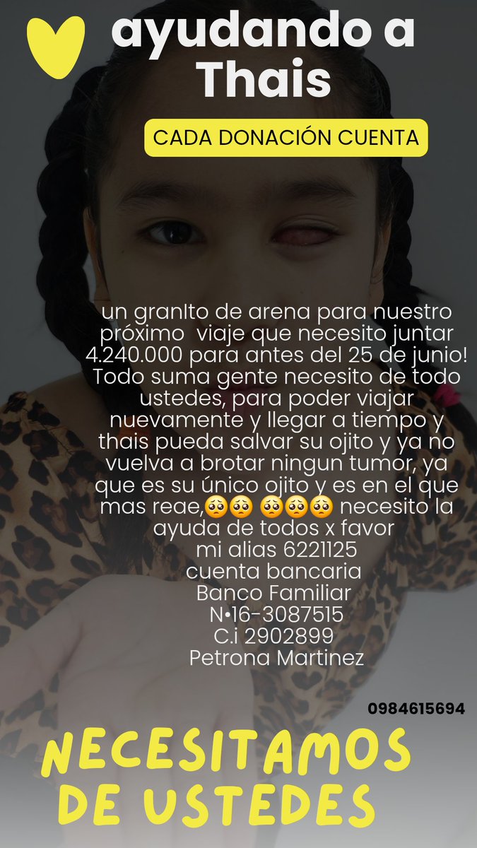 SolAracelyCant1's tweet photo. A 13 dias estoy gente, Un me esta faltando mucho 😪💔 necesito de todos ustedes desde un 5 mil vamos a sumar😭 xfavor no me dejen sola, mi hija thais merece realizarse y llegar a tiempo porque volvió a brotar un nuevo tumor en su unico ojito que ve nos toca volver pronto xfavor😭 https://t.co/Sdy5aMI7Mo