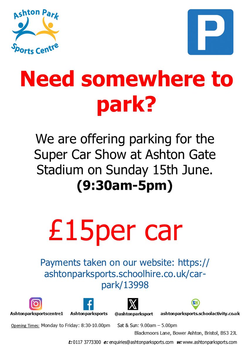 Parking is available here for the upcoming Super Car Show at Ashton Gate Stadium, Sunday 15th June
We are just a 5 minute walk to the stadium.
Bookings made via: ashtonparksports.schoolhire.co.uk/car-park/13998
When making a booking you just need to select 1 hour. Gates will be locked at 5pm.