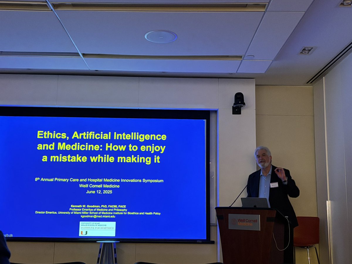 WCMGIM's tweet image. Keynote speaker for 8th Annual #PCIHM25, Dr. Kenneth Goodman discusses AI, ethics, and medicine presenting guidelines on preparedness for AI tool advancement in medicine and how to enjoy a mistake while using it! @WeillCornell @WCMDeptofMed
