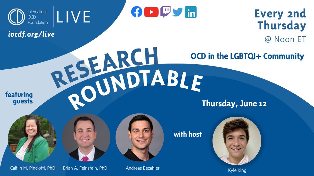 Today at 12 ET, <a href="/BFeinsteinPhD/">Brian Feinstein (he/him)</a>, <a href="/AndreasBezahler/">Andreas Bezahler</a>, and I will join the <a href="/IOCDF/">International OCD Foundation</a> Research Roundtable to share about all the research being done on OCD in the LGBTQIA+ community. Join us to learn what we know-and don’t know-about OCD in this community!