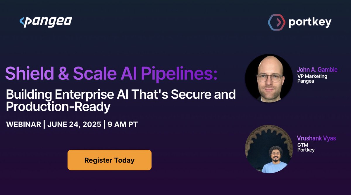 pangeacyber's tweet photo. Building AI apps for production is hard. Scaling and securing them is even harder.  Later this month, join @pangeacyber + @PortkeyAI for a live webinar 6/24/25 @ 9 AM PT to see how enterprise teams are:

➡️ Accessing 250+ LLMs through one gateway
➡️ Blocking prompt injection attacks
➡️ Detecting and redacting sensitive data
➡️ Optimizing LLM performance and cost

Register now to learn how to scale secure AI apps with confidence.

Save your spot >> https://t.co/KMWaseXCPw

#AISecurity #LLMSecurity #GenAI #PromptInjection #CyberSecurity