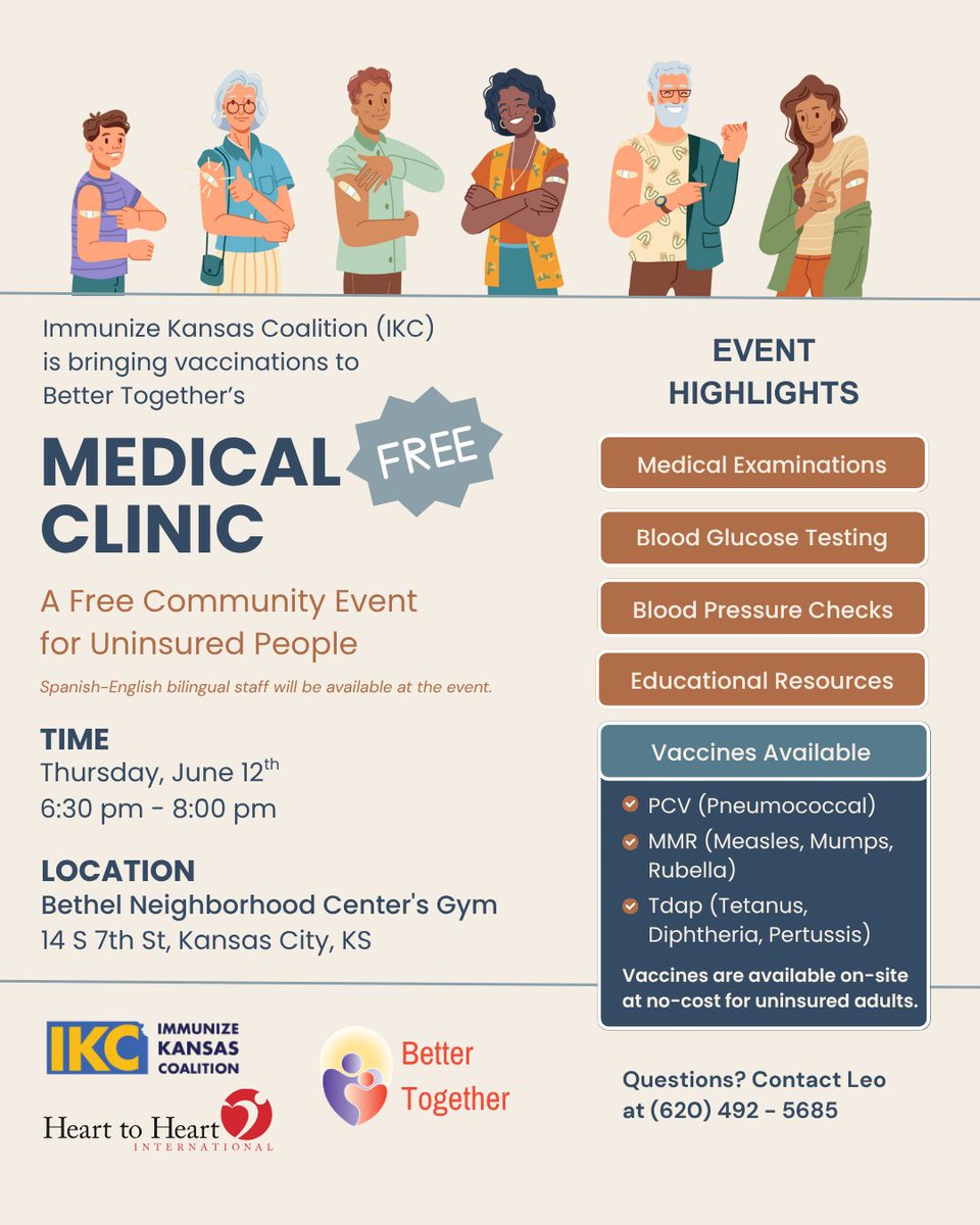 Join us today at Better Together's free medical clinic for uninsured adults from 6:30–8:00 PM in Kansas City, KS.

🩺Medical Examinations
🧪Health Screenings (Blood Glucose Testing &amp; Blood Pressure Checks)
🩹Vaccines available at no cost for uninsured adults (MMR, Tdap, PCV)

See
