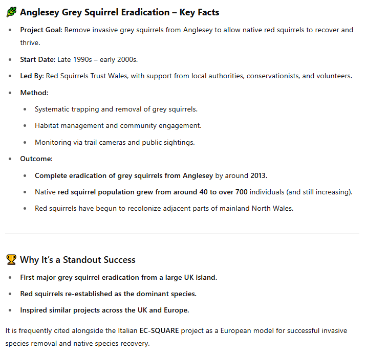 ChatGTP says Anglesey shows how teamwork wins 🐿️ Grey squirrels wiped out, red squirrels thriving! All we need now is a squirrelpox vaccine!