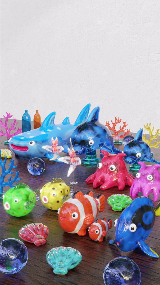mrn_blender's tweet image. ひとまず完成！賑やかでかわいいガラスの海ができました！
#b3d #3DCG #blender