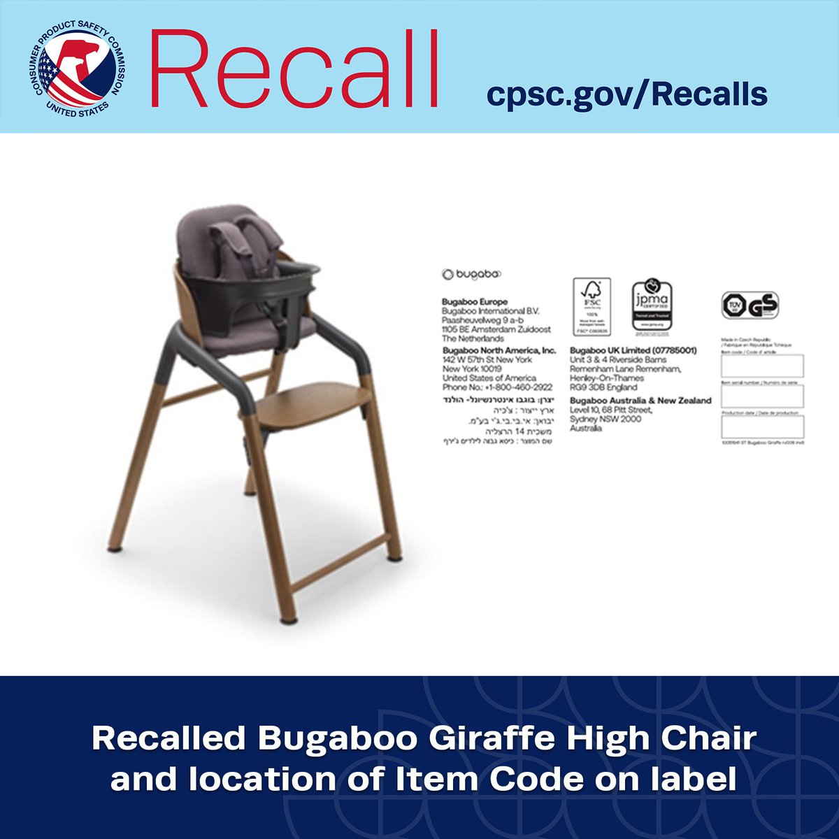 #RECALL: Bugaboo North America recalls Giraffe High Chairs due to risk of serious injury or death from fall hazard. Get a repair. CONTACT: 800-460-2922 or online at bugaboo.com

More: cpsc.gov/Recalls/2025/B…