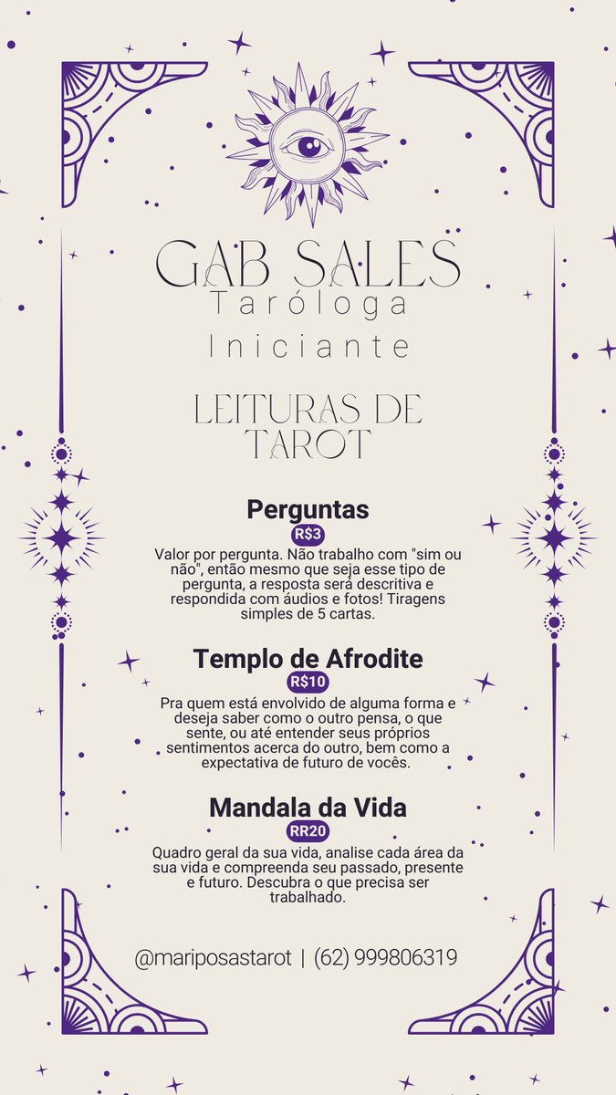mariposastarot's tweet image. oii! me chamo gab e sou iniciante no taro, comecei tem poucos meses e recentemente recebi permissão da deusa que consagra meu baralho (hecate) para começar a treinar em atendimentos. apesar de estar aprendendo prometo me esforçar em cada atendimento! trabalho com esses metodos: