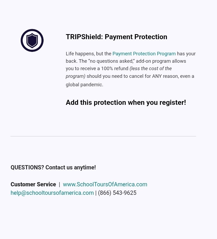 Incoming 8th graders- Washington DC Trip Deadline is June 15th (there are 22 children are registered) 

Link to register
secure.schooltoursofamerica.com/registration/

Trip Shield Protection
schooltoursofamerica.com/terms-conditio…