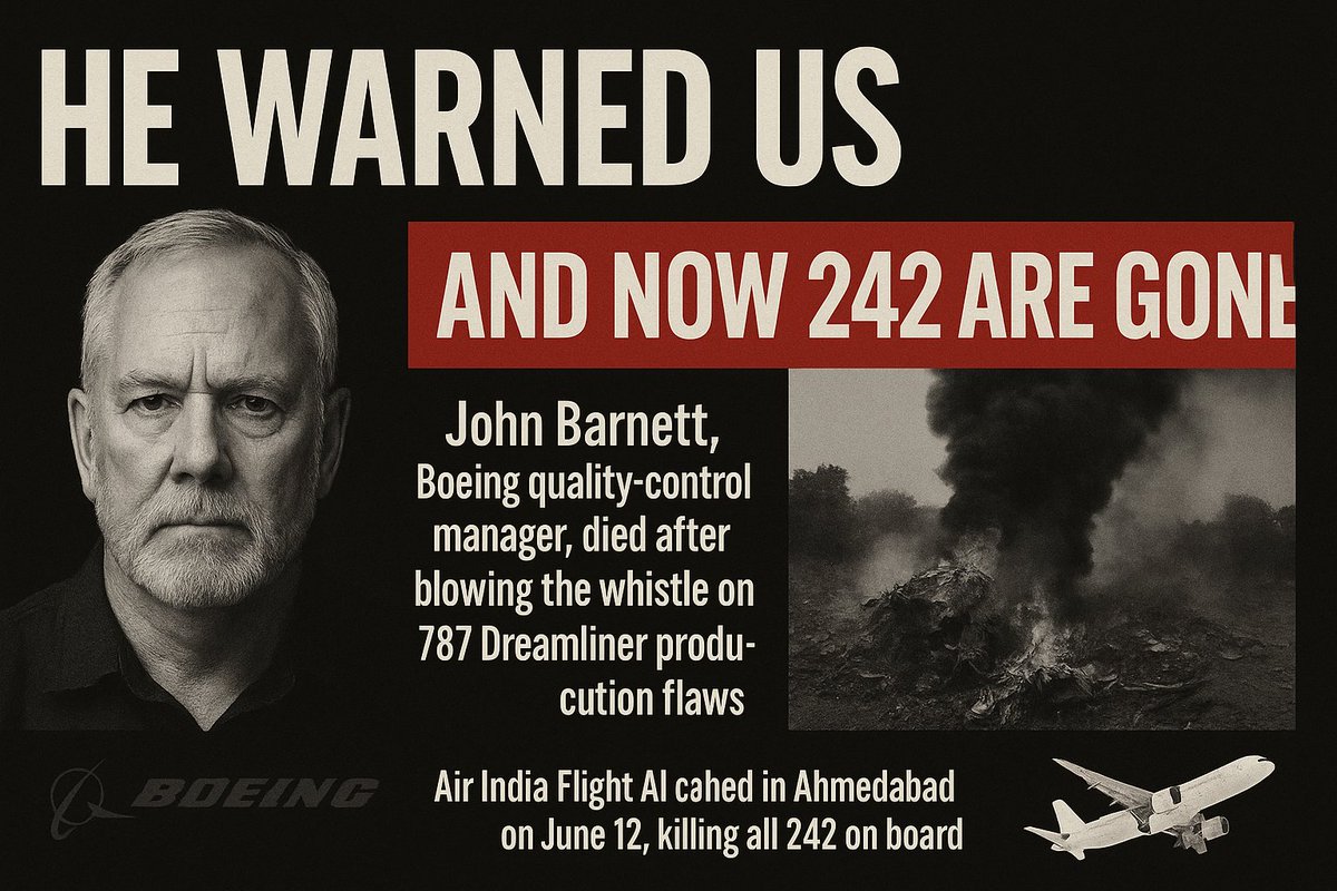 From the suspicious deaths of Boeing whistle-blowers-like John Barnett, found shot just days after testifying about safety issues-to today's horrific crash of a Boeing 787 in Ahmedabad, India (Air India Al171, 242 on board, first-ever fatal Dreamliner hull loss)-one pattern