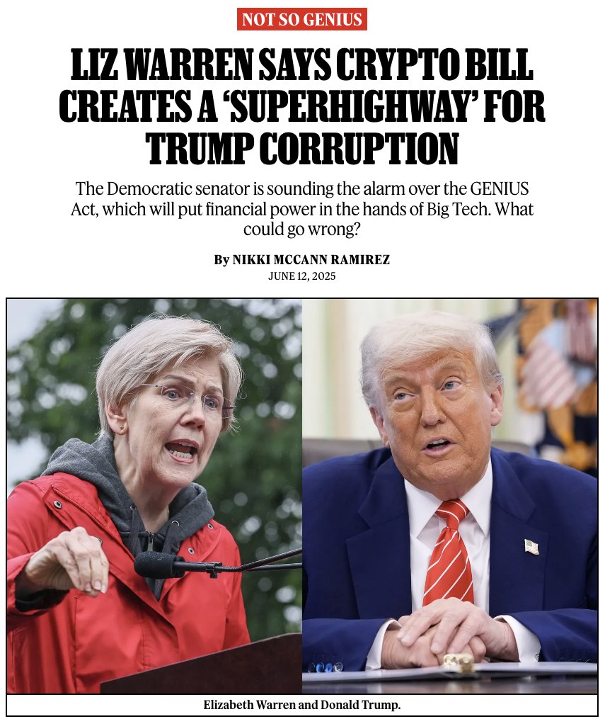 RT @RollingStone: Elizabeth Warren warns the GENIUS Act, the “stablecoin”  bill to allow Big Tech companies to create their own currencies,…
