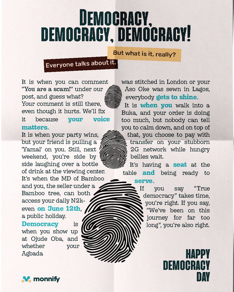 Happy Democracy Day from all of us at Monnify! 🇳🇬

Today, we celebrate the power of choice, freedom, and unity.

What does democracy mean to you? Share your thoughts with us below.