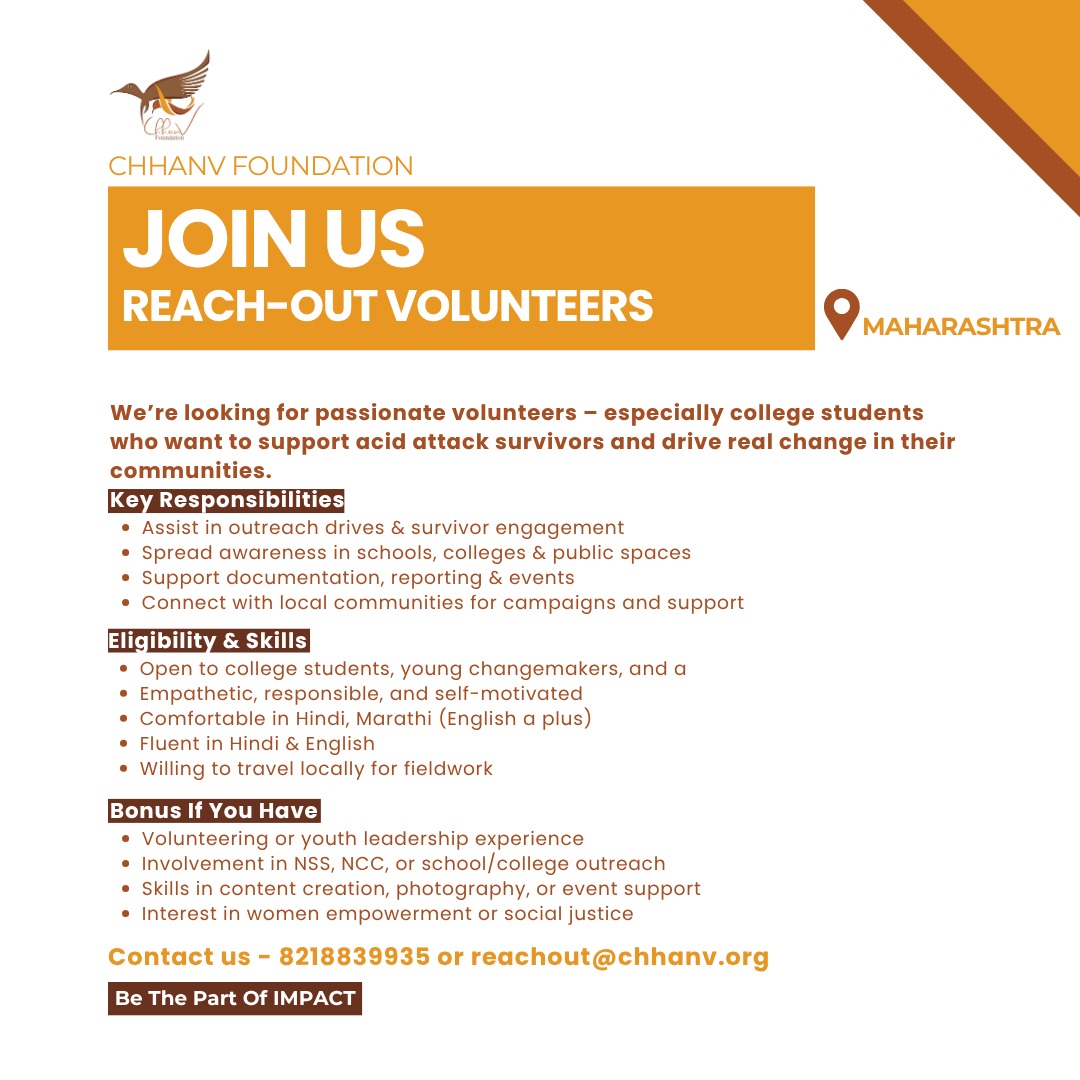 Stop Acid Attacks (@stopacidattacks) on Twitter photo We're looking for Reach-Out Volunteers in Maharashtra!
Maharashtra ranks among the top 5 states with the most acid attacks.
Support survivors. Drive awareness. Be the change.
📞 8218839935
📧 reachout@chhanv.org
#StopAcidAttacks #VolunteerWithUs #YouthForChange We're looking for Reach-Out Volunteers in Maharashtra!
Maharashtra ranks among the top 5 states with the most acid attacks.
Support survivors. Drive awareness. Be the change.
📞 8218839935
📧 reachout@chhanv.org
#StopAcidAttacks #VolunteerWithUs #YouthForChange