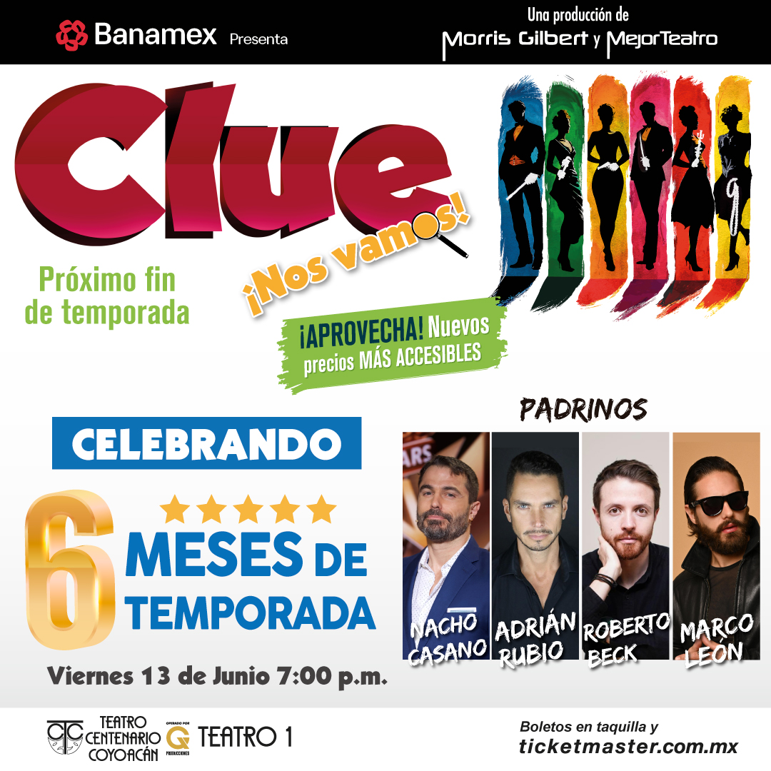Clue Obra (@clueobramx) on Twitter photo 🚨 Mañana celebramos seis meses de temporada de #CLUE con #NachoCasano, <a href="/Adrianrubioo/">Adrian Rubio</a>, <a href="/RobertoBeck90/">Roberto Beck</a> y <a href="/Marc0le0n/">Marco León Pol</a> como padrinos de lujo.
📍 Teatro Centenario Coyoacán
📅 Viernes 13 de junio
⏰ Función a las 7:00 pm
🎟️ bit.ly/CLUE6MesesTemp 🚨 Mañana celebramos seis meses de temporada de #CLUE con #NachoCasano, <a href="/Adrianrubioo/">Adrian Rubio</a>, <a href="/RobertoBeck90/">Roberto Beck</a> y <a href="/Marc0le0n/">Marco León Pol</a> como padrinos de lujo.
📍 Teatro Centenario Coyoacán
📅 Viernes 13 de junio
⏰ Función a las 7:00 pm
🎟️ bit.ly/CLUE6MesesTemp