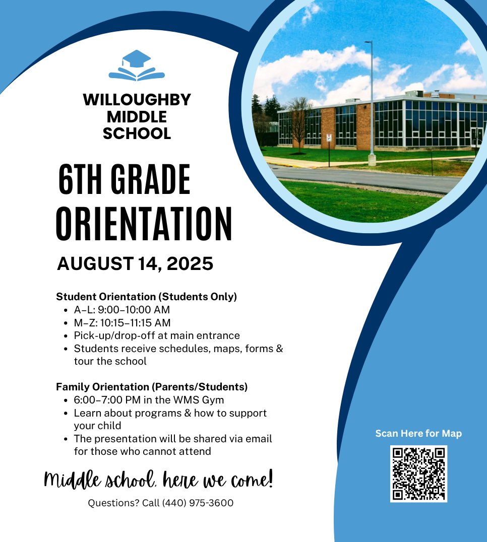 👏We can’t wait to welcome new 6th graders to Willoughby Middle School on Thursday, August 14th for Student and Family Orientation! 💙 #mychoicewilloughbyeastlake #WEareonthemove