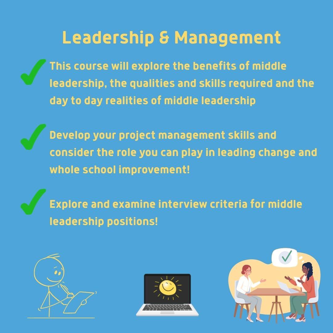 Check out ‘Middle Leadership &amp; Management: Teachers Leading from the Middle’ 🙌 

This course will empower aspiring and current middle leaders to play their part in sustainable improvements to teaching and learning through quality leadership and management.