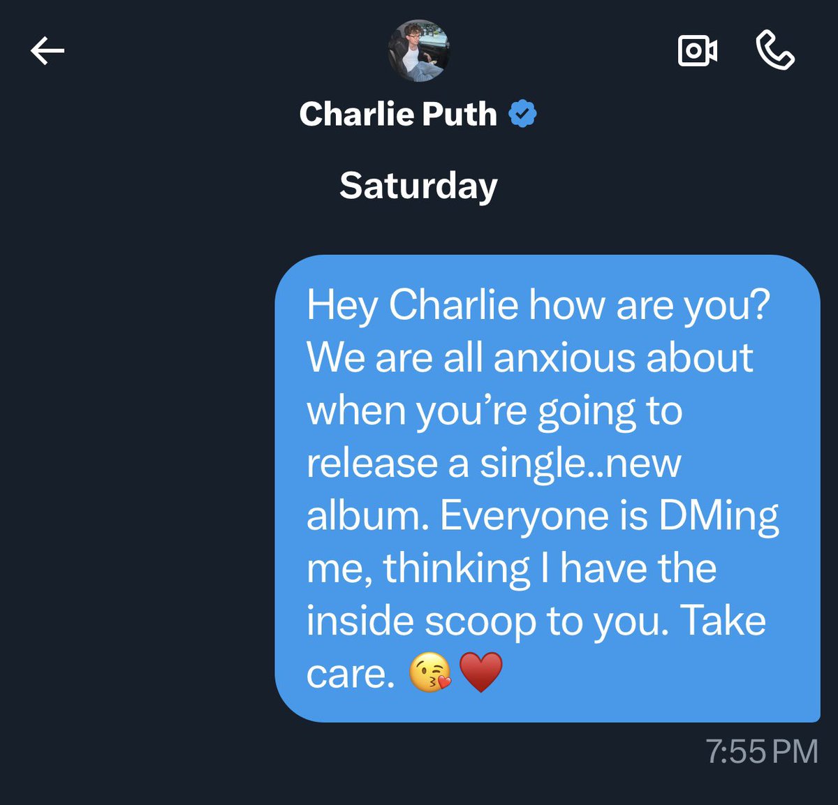PuthPhyllis's tweet image. Last Saturday I DM Charlie and today he replied to me. Now we have some answers, just be patient, you know it will be worth the wait. 
@charlieputh 
🥺🤩😍😍😍♥️💚♥️🔥🔥🔥🎶