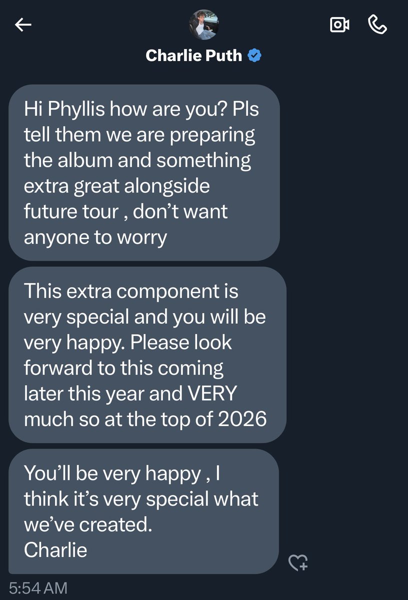 PuthPhyllis's tweet image. Last Saturday I DM Charlie and today he replied to me. Now we have some answers, just be patient, you know it will be worth the wait. 
@charlieputh 
🥺🤩😍😍😍♥️💚♥️🔥🔥🔥🎶