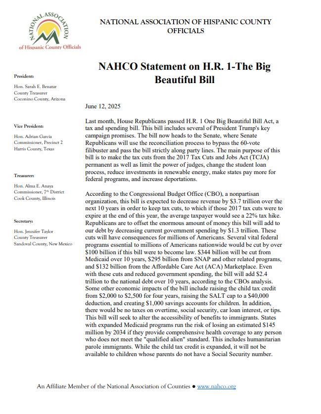 NAHCOInc's tweet photo. NAHCO Statement on HR 1- The One Big Beautiful Bill: " NAHCO opposes the One Big Beautiful Bill Act because it will remove vital programs...weaken the justice system...and ultimately make the middle and working class poorer." https://t.co/x0Gb3c5GNU