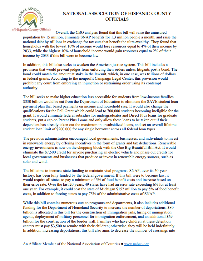 NAHCOInc's tweet photo. NAHCO Statement on HR 1- The One Big Beautiful Bill: " NAHCO opposes the One Big Beautiful Bill Act because it will remove vital programs...weaken the justice system...and ultimately make the middle and working class poorer." https://t.co/x0Gb3c5GNU