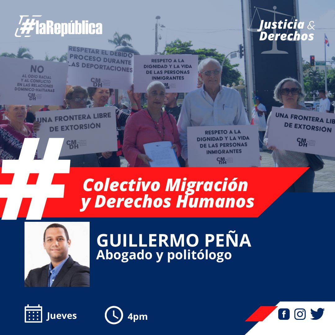 La República Radio (@larepradio) on Twitter photo HOY en #LaRepúblicaRadio hablamos sobre el “Colectivo Migración y Derechos Humanos” en nuestro segmento #justiciayderechos con el abogado y politólogo Guillermo Peña.
A partir de las 4pm por La Nota 95.7fm 📻🎙️
<a href="/BaezDerik/">Derik Báez Torres</a> <a href="/RDelgadilllo/">Ramieri Delgadillo Santana | Periodista</a> <a href="/Guillermopca/">Guillermo Peña Capellán</a> HOY en #LaRepúblicaRadio hablamos sobre el “Colectivo Migración y Derechos Humanos” en nuestro segmento #justiciayderechos con el abogado y politólogo Guillermo Peña.
A partir de las 4pm por La Nota 95.7fm 📻🎙️
<a href="/BaezDerik/">Derik Báez Torres</a> <a href="/RDelgadilllo/">Ramieri Delgadillo Santana | Periodista</a> <a href="/Guillermopca/">Guillermo Peña Capellán</a>