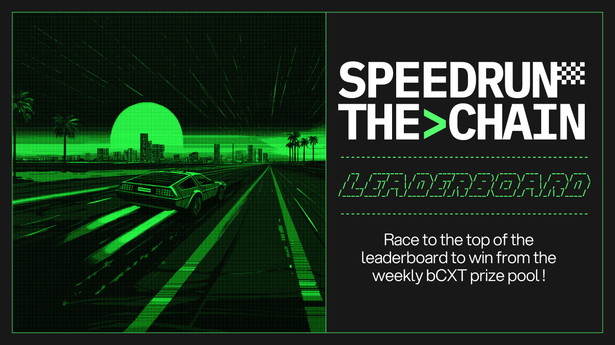 We’re halfway through the first week of the Speedrun the Chain race 🏁

Feel the speed of sub-second infra and race for the prizes.

🏆 Weekly CXT prizes on Base:
🥇 1st: $50
🥈 2nd: $30
🥉 3rd: $20

This week's race will end on Sunday, June 15th at 00:00 UTC. Winners will be