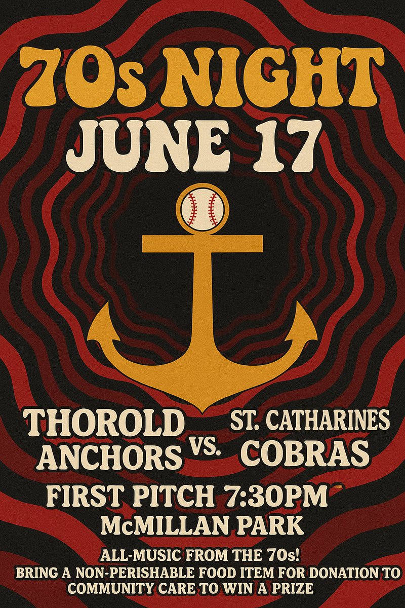 ThoroldAnchors's tweet image. Our next game is at home on Tuesday night at McMillan Park at 7:30p against the St. Catharines Cobras!

It will be our annual 70s night! Bring your favourite 70s outfit and get ready to hear some of the best music of a generation past during the game!