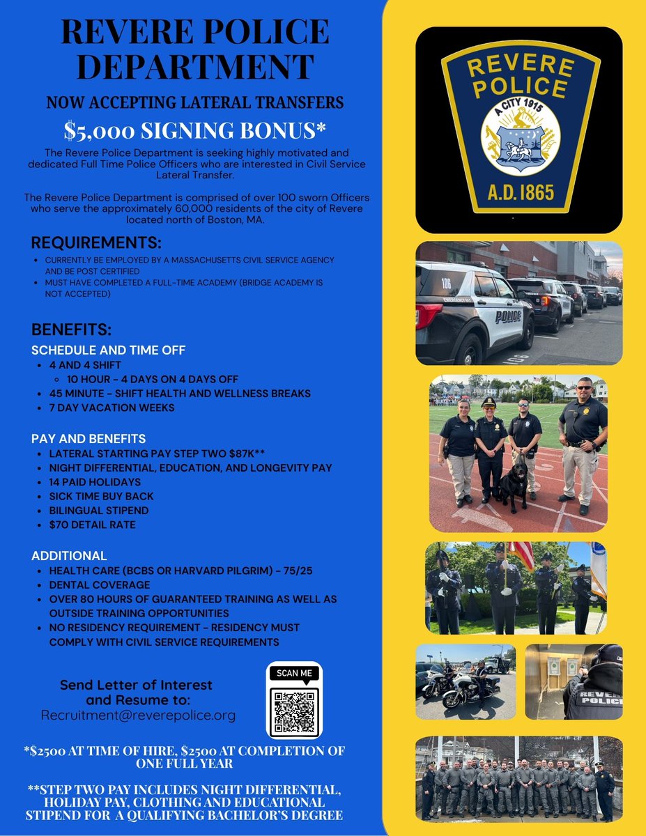 🚔 Now Accepting Lateral Transfers🚔

Officers looking for a new opportunity—Revere PD is welcoming lateral transfers with competitive benefits and a $5,000 signing bonus.

✔️4 &amp; 4 shifts for optimal work-life balance
 ✔ 7-day vacation weeks to recharge and enjoy time off