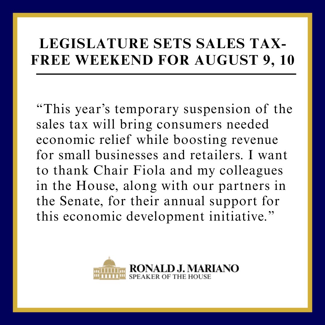 The Legislature just set the Sales Tax-Free Weekend for Saturday, Aug. 9 and  Sunday, Aug. 10. During the holiday, the state’s 6.25% sales tax is suspended for most retail items priced under $2,500. Info about eligible purchases is available here: mass.gov/info-details/m…