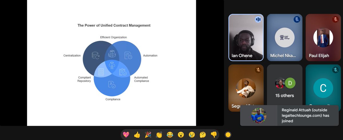 And we are live!

Amazing insights from Ian Ohene of Summize

We've had a few complains about the link crashing. Kindly join with this link: meet.google.com/zxi-xjgz-iso?a…

Join us and  get a basic understanding of Contract Lifecycle Management Tools &amp; how it’s transforming legal work.