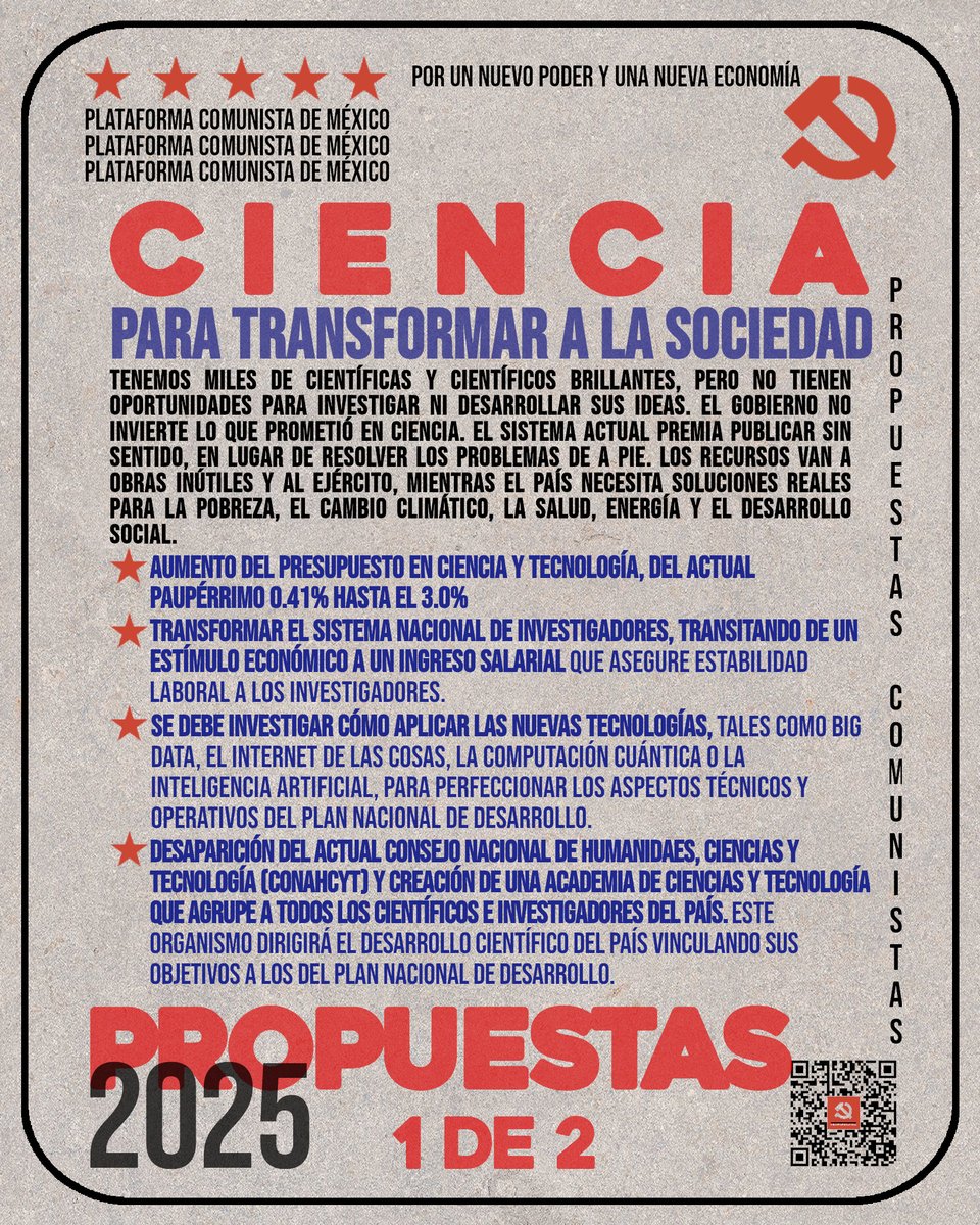 PlataformaPCM's tweet image. #PropuestasPCM: ¿Qué proponemos para la ciencia? 

En México, la ciencia ha sido olvidada y relegada. Existen muchas mujeres y hombres con una alta preparación dedicados a la ciencia, pero no hay suficientes espacios para que puedan realizar labores de Investigación y Desarrollo.…