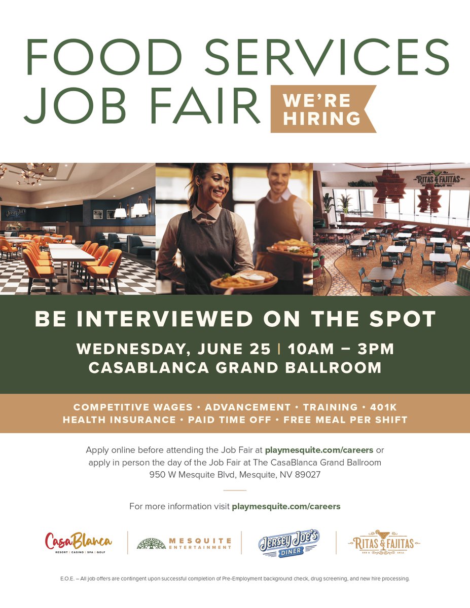 BrandBombPR's tweet image. Job Fair Alert in Mesquite! 🚨 
-
💣client, @CasaBlancaNV is cooking up 94+ new positions for two brand-new dining destinations: Jersey Joe’s Diner and Ritas &amp;amp; Fajitas, both opening soon at CasaBlanca Resort &amp;amp; Casino!🌮
🗓️Wednesday, June 25 | 10 AM – 3 PM
📌CasaBlanca Ballroom