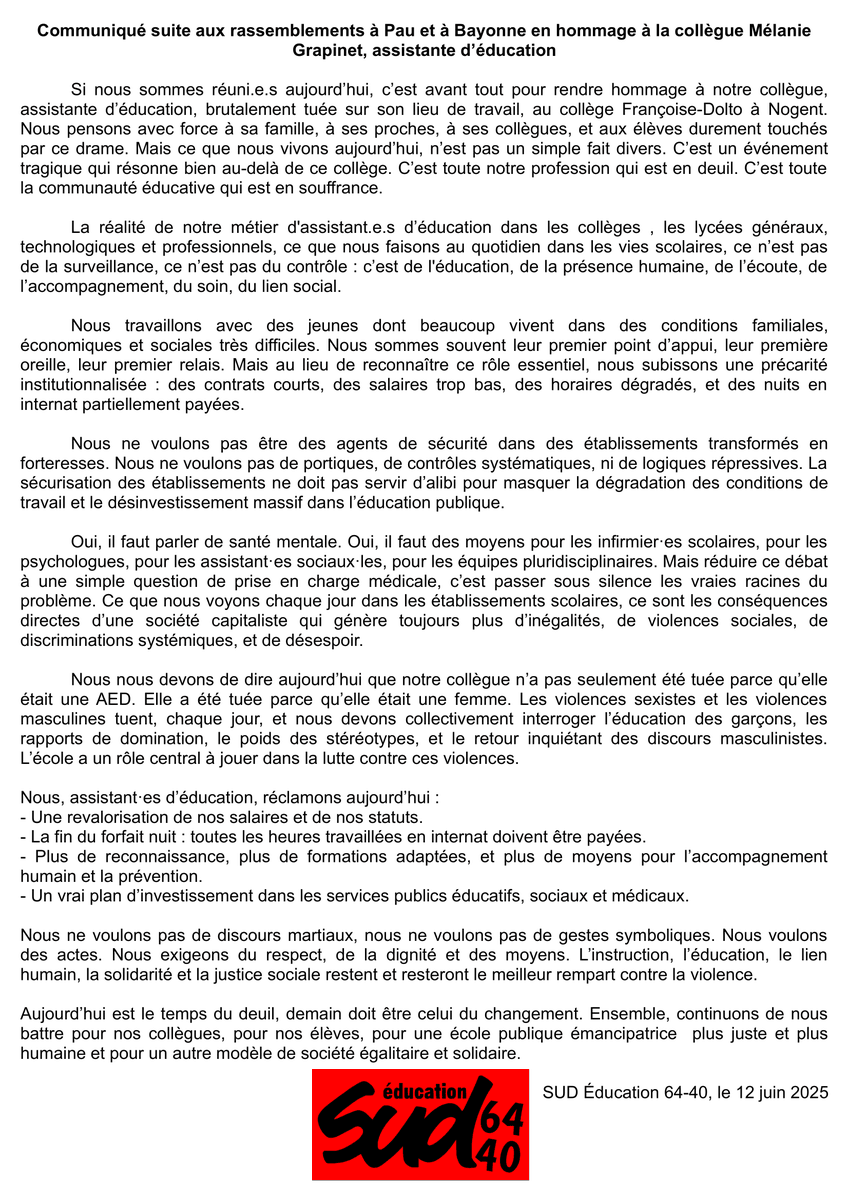 Communiqué suite aux rassemblements à Pau et à Bayonne pour rendre hommage à Mélanie Grapinet, assistante d'éducation.