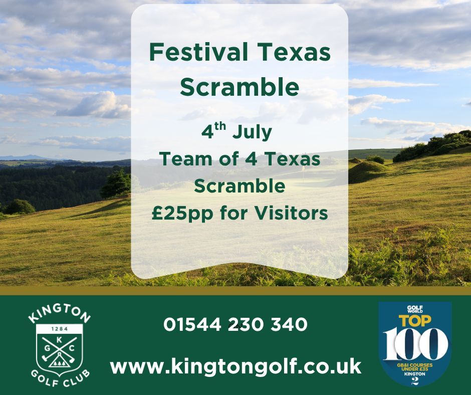 There is still space to play in our popular Festival of Golf Texas Scramble on the 4th July. 

Great Value at only £25 for visiting players - Any combination in a team

To enter contact us now

pro@kingtongolf.co.uk 
01544 230340 ex 1

#kingtongolfclub #golfopen #golfhereford