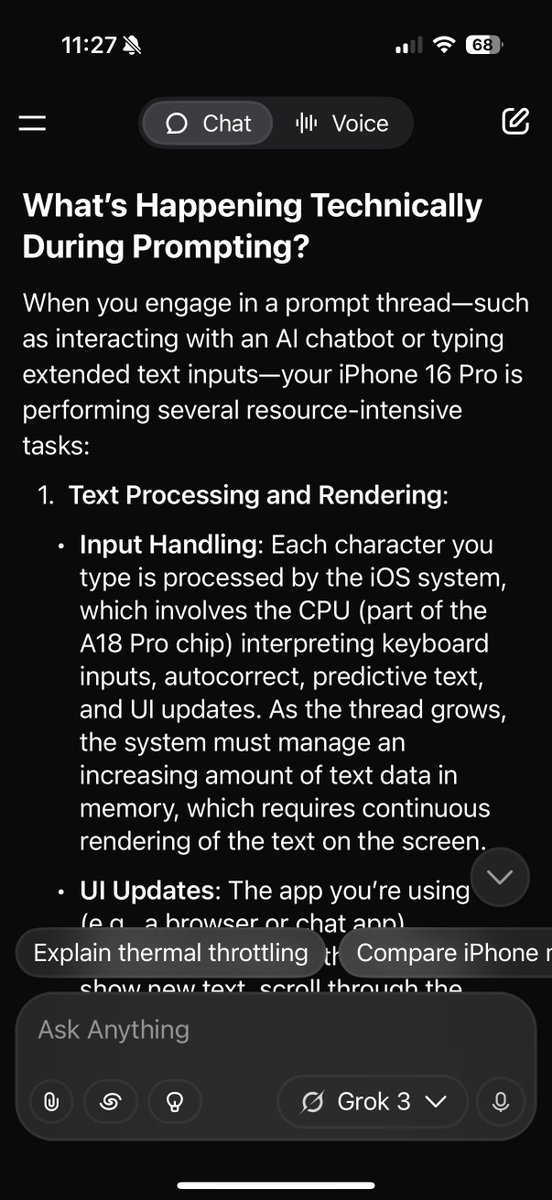 thalerz's tweet image. iPhone slows/overheats during long @Grok app prompt threads due to intense CPU/GPU use, memory strain, and heat buildup. Why isn’t Grok optimized for sustained use on iOS 18.5 to prevent lag and thermal throttling? @xAI #iPhone16Pro #Grok